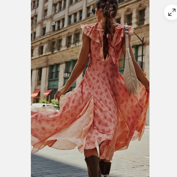 Free People | Joaquin Dress Peach Combo Floral Ruffle Godet Midi Dress Size S - Picture 15 of 15